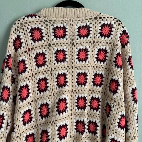 PacSun Womens Large Crochet Granny Square Cardigan Pink Tan Cotton Knit Sweater - Picture 5 of 13